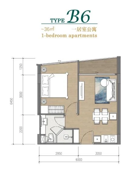 Планировка 1-bedroom 36 м²